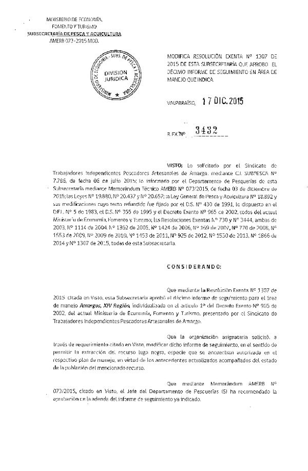 Res. Ex. N° 3432-2015 Modifica Res. Ex. N° 1307-2015 10° SEGUIMIENTO.