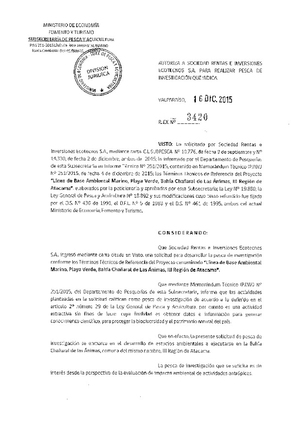 Res. Ex. N° 3420-2015 Línea de base ambiental marino Playa Verde, III Región.