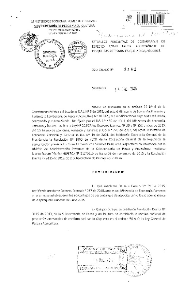 Dec. Ex. N° 1131-2015 Establece Porcentaje de Desembarque de Especies como Fauna Acompañante de Recursos que indica, año 2015. (F.D.O. 18-12-2015)