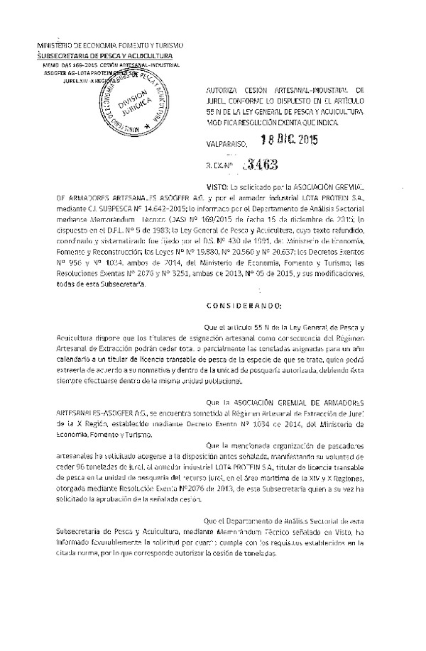 Res. Ex. N° 3463-2015 Autoriza cesión Jurel XIV-X Regón.