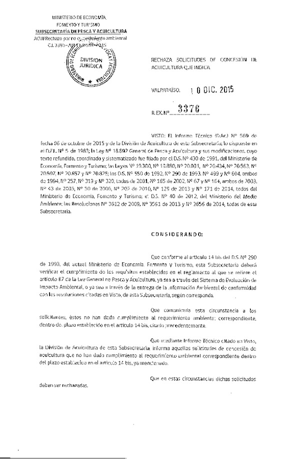 Res. Ex. N° 3376-2015 Rechaza Solicitudes de Concesión de Acuicultura.