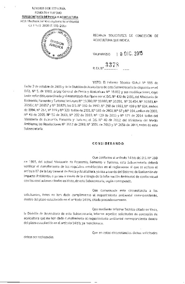 Res. Ex. N° 3378-2015 Rechaza Solicitudes de Concesión de Acuicultura.
