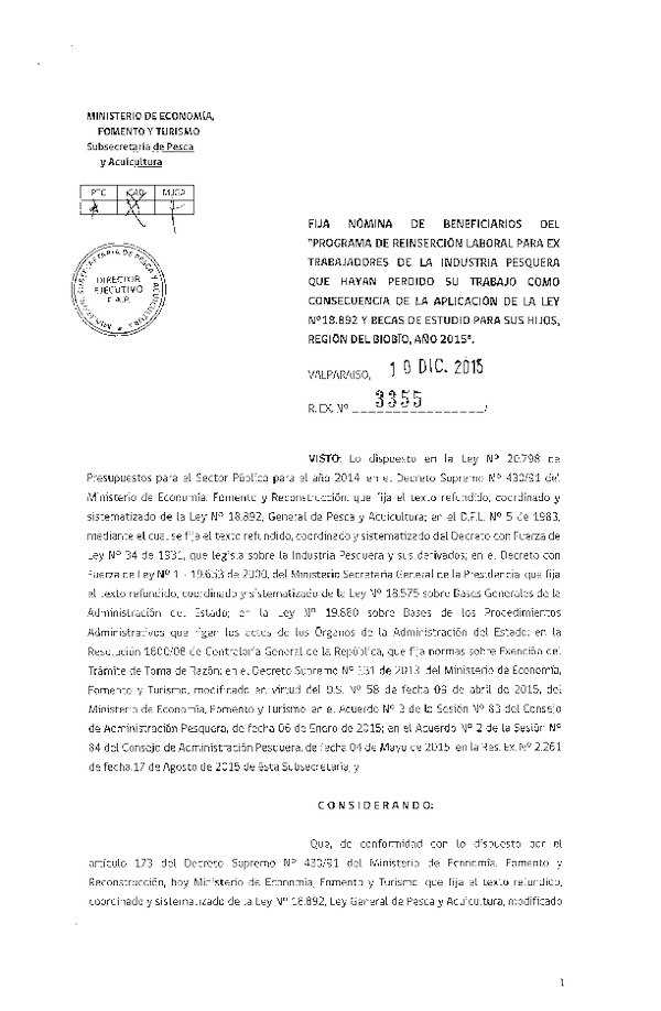 Res. Ex. N° 3355-2015 Fija Nómina de Beneficiarios del Programa de Reinserción laboral para Ex Trabajadores de la Industria Pesquera.