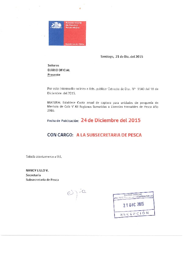 Dec. Ex. N° 1140-2015 Establece Cuota Anual de Captura recurso Merluza de cola V-XII Regiones, Sometidas a Licencias Transables de Pesca 2016. (F.D.O. 24-12-2015)