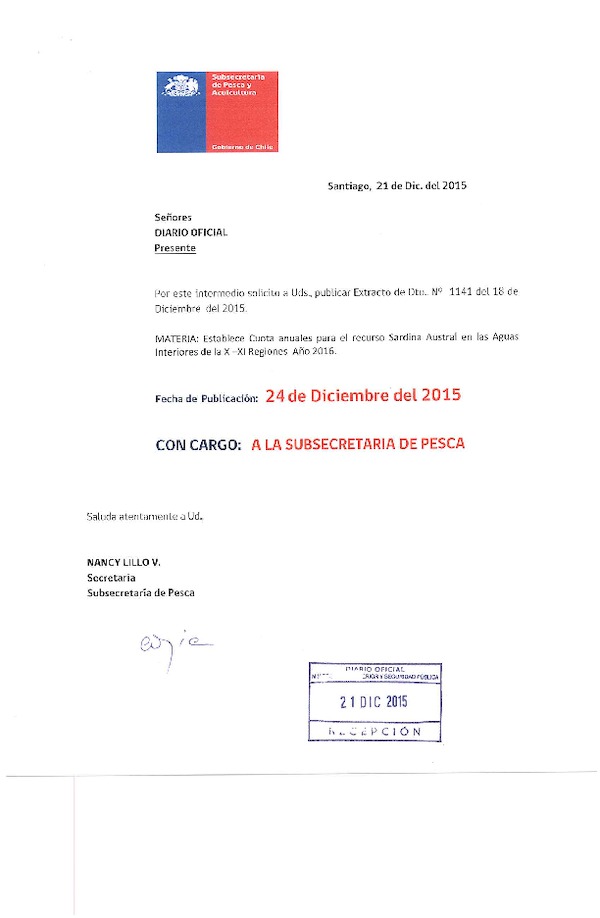 D EX N° 1141-2015 Establece Cuotas Anuales de Captura, recurso Sardina Austral Aguas interiores X-XI Regiones. (F.D.O. 24-12-2015)