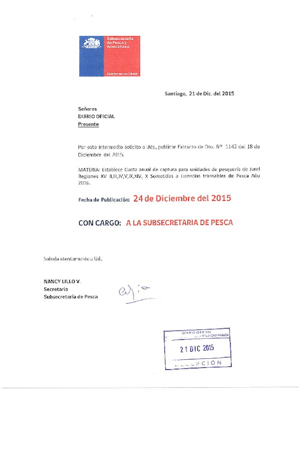 Dec. Ex. N° 1142-2015 Establece Cuota Anual de Captura recurso Jurel XV-II, III-IV, V-IX y XIV-X, Sometidas a Licencias Transables de Pesca 2015. (F.D.O. 24-12-2015)