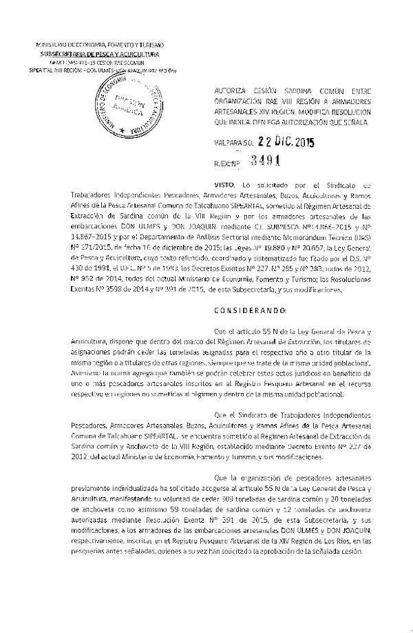 Res. Ex. N° 3491-2015 Autoriza cesión sardina común VIII a XIV Regón.