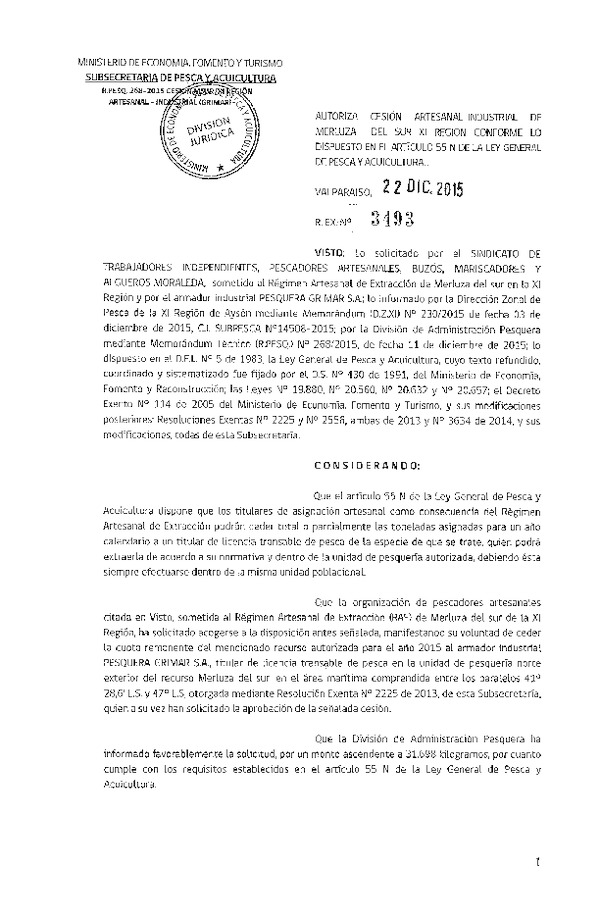 Res. Ex. N° 3493-2015 Autoriza cesión Merluza del sur, XI Región.