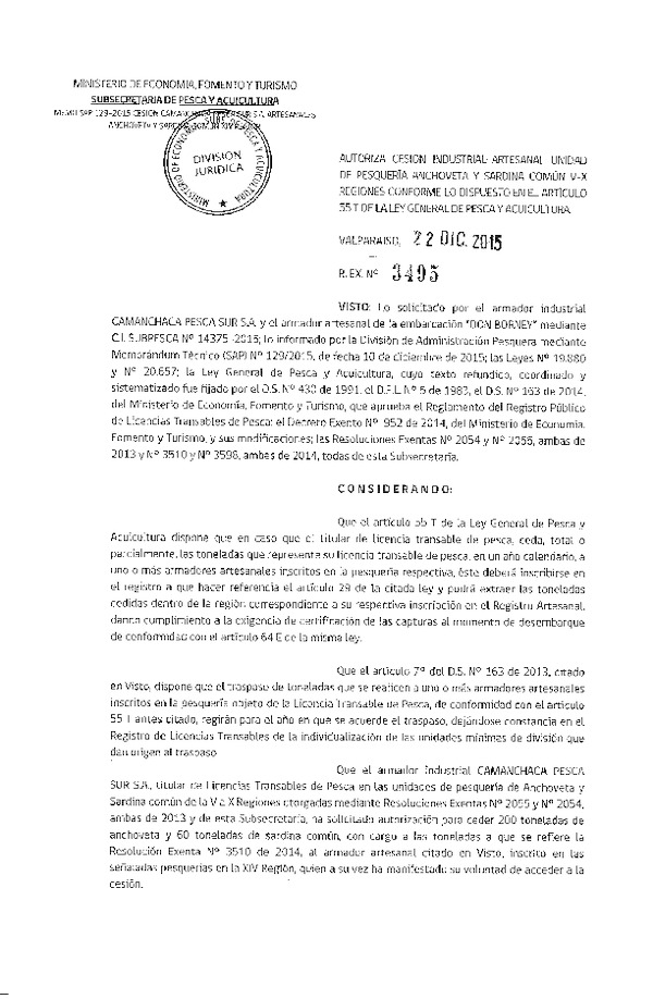 Res. Ex. N° 3495-2015 Autoriza cesión Anchoveta y Sardina común, XIV Región