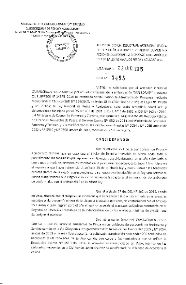Res. Ex. N° 3495-2015 Autoriza cesión Anchoveta y Sardina común, XIV Región
