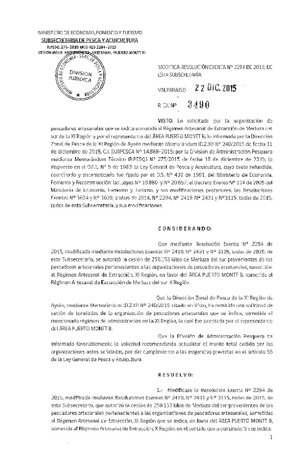 Res. Ex. N° 3490-2015 Modifica Res. Ex. N° 2294-2015 Autoriza cesión Merluza del sur, XI Regíón