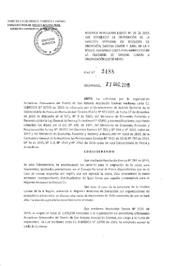 Res. Ex. N° 3488-2015 Modifica Res. Ex. N° 36-2015 Distribución de la Fracción Artesanal de Anchoveta, Sardina común y Jurel V Región.
