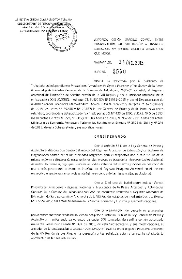 Res. Ex. N° 3550-2015 Autoriza cesión sardina común VIII a XIV Regón.