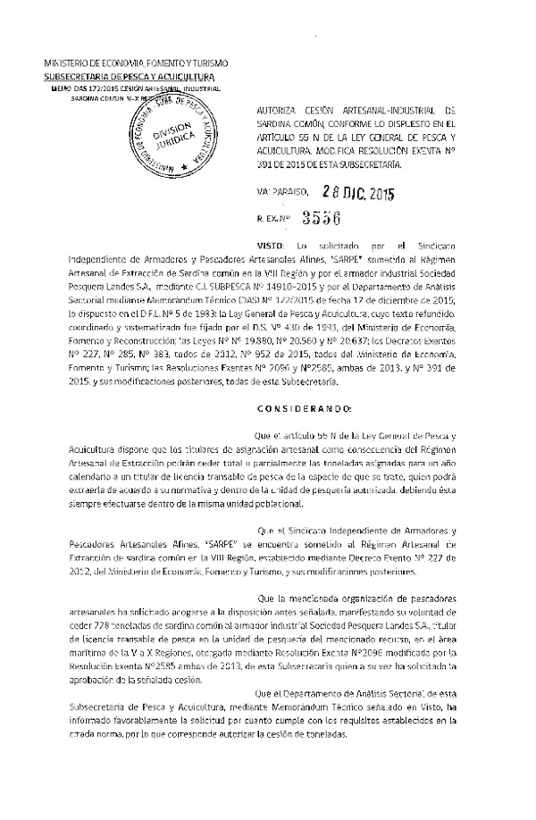Res. Ex. N° 3556-2015 Autoriza cesión Sardina común VIII Región.