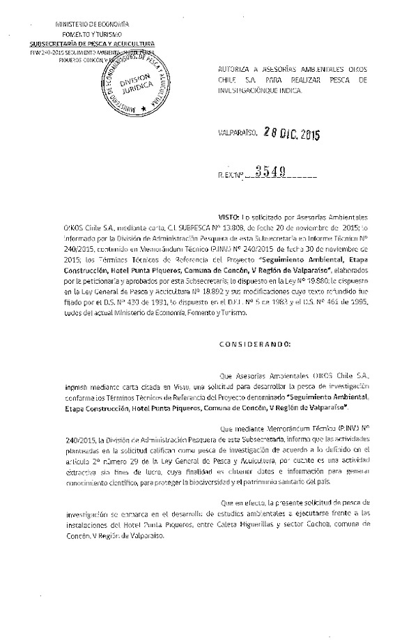 Res. Ex. N° 3549-2015 Seguimiento ambiental Hotel Punta Piqueros, comunde Concón, V Región.