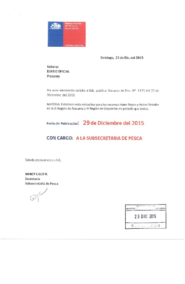 Dec. Ex. N° 1175-2015 Establece Veda Extractiva para los Recursos Huiro Negro y Huiro Flotador en la III y IV Regiones. (F.D.O. 29-12-2015)