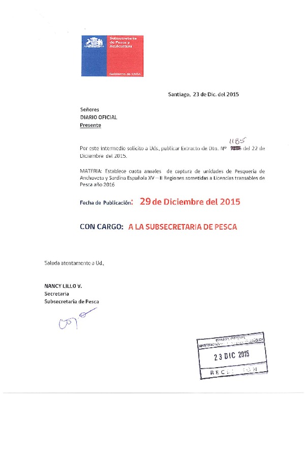 Dec. Ex. N° 1185-2015 Establece Cuotas Anuales de Captura de Unidades de Pesquería de Anchoveta y Sardina Española XV-II Regiones Sometidas a Licencias Transables de Pesca, Año 2016. (F.D.O. 29-12-2015)