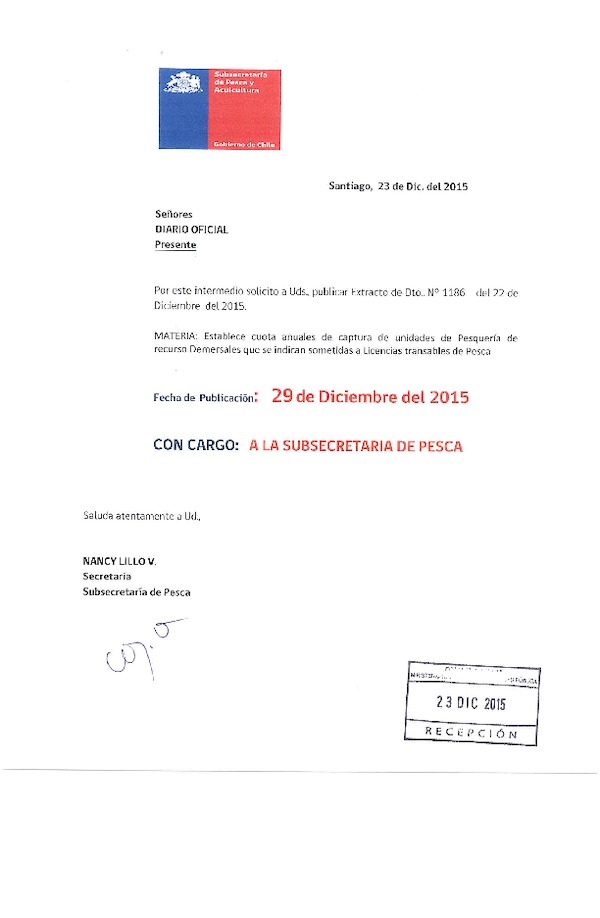 Dec. Ex. N° 1186-2015 Establece Cuotas Anuales de Captura de Unidades de Pesquería de Recursos Demersales, Merluza común, Merluza del sur, Congrio dorado y Merluza de tres aletas, Sometidas a Licencias Transables de Pesca, Año 2016. (F.D.O. 29-12-2015)