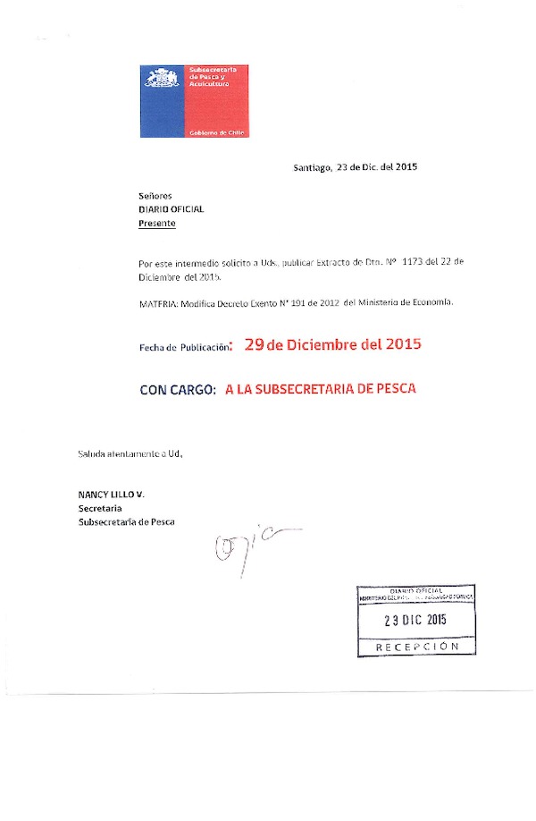 Dec. Ex. N° 1173-2015 Modifica Dec. Ex. N° 191-2012 Régimen Artesanal de Extracción Anchoveta y Sardina Común VII Región. (F.D.O. 29-12-2015)