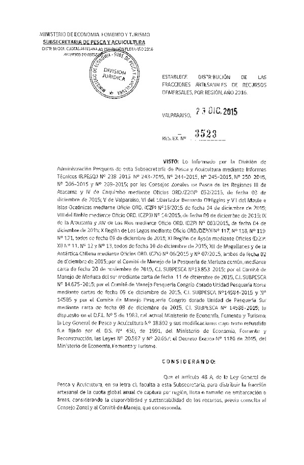 Res. Ex. N° 3523-2015 Establece Distribución de las Fracciones Artesanales de las Cuotas Anuales de Captura por Región de Recursos Demersales IV-X Regiones, Año 2016. (F.D.O. 30-12-2015)