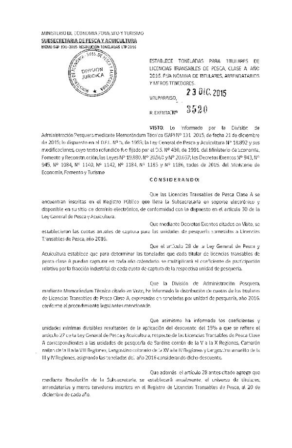 Res. Ex. N° 3520-2015 Establece Toneladas para Titulares de Licencias Transables de Pesca, Clase A, Año 2016. Fija Nómina de Titulares, Arrendatarios y Meros Tenedores. (F.D.O. 30-12-2015)