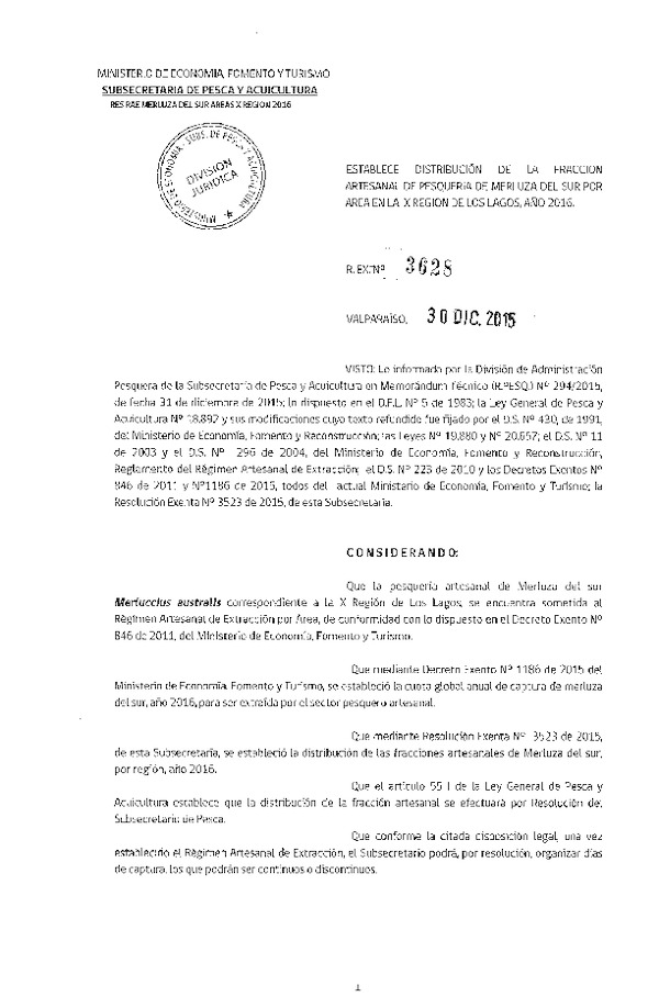 Res. Ex. N° 3628-2015 Distribución de la Fracción Artesanal de Pesquería de Merluza del Sur por Área,X Región, año 2016.