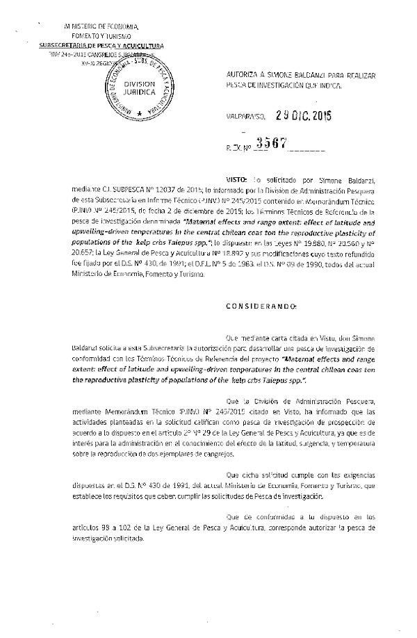 Res. Ex. N° 3567-2015 Autoriza Pesca Cangrejos submareales XV-XI Regiones.