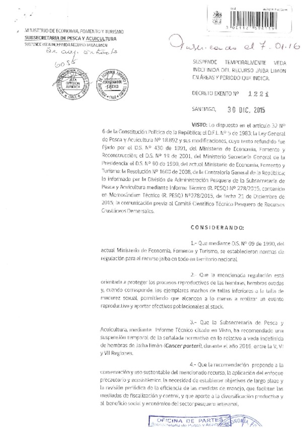 Dec. Ex. N° 1221-2015 Suspende Temporalmente Veda Indefinida del Recurso Jaiba Limón en la V, VI y VII Regiones. (F.D.O. 07-01-2016)