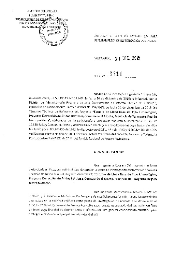 Res. Ex. N° 3711-2015 Estudio de línea base tipo limnológico.