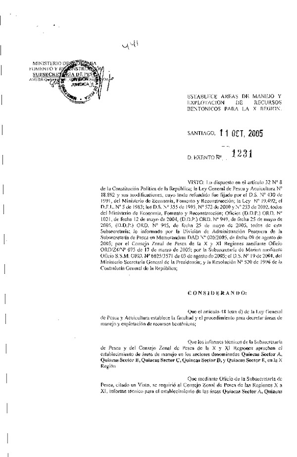 Dec. Ex. N° 1231-2005 Establece Área de Manejo, Quiacas Sector A, B, C, D y E.