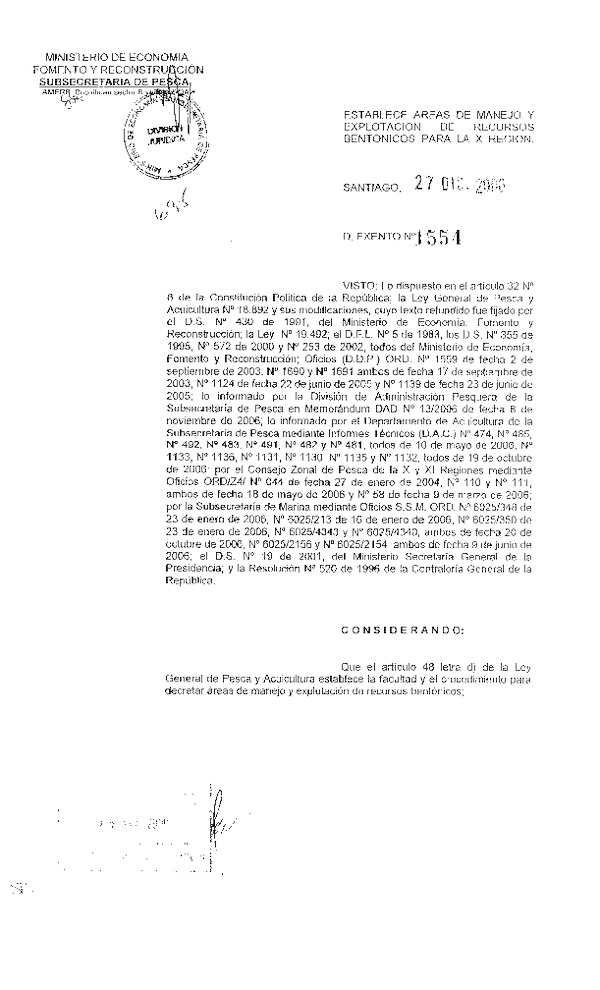 Dec. Ex. N° 1554-2006 Establece Áreas de Manejo Pocoihuen Sector B, C, D, Yates Sector B, C, y Otros.