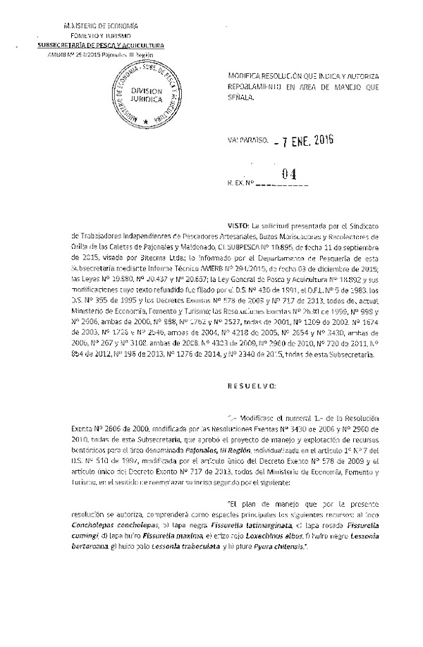 Res. Ex. N° 04-2015 MODIFICA Res. Ex. N° 2606-2000. AUTORIZA REPOBLAMIENTO.