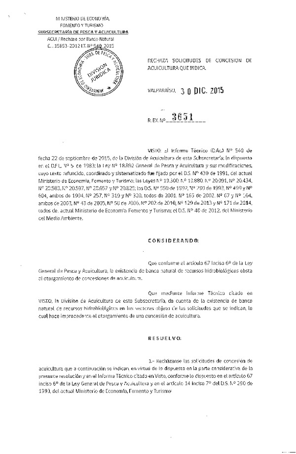 Res. Ex. N° 3651-2015 Rechaza Solicitudes de Concesión de Acuicultura.