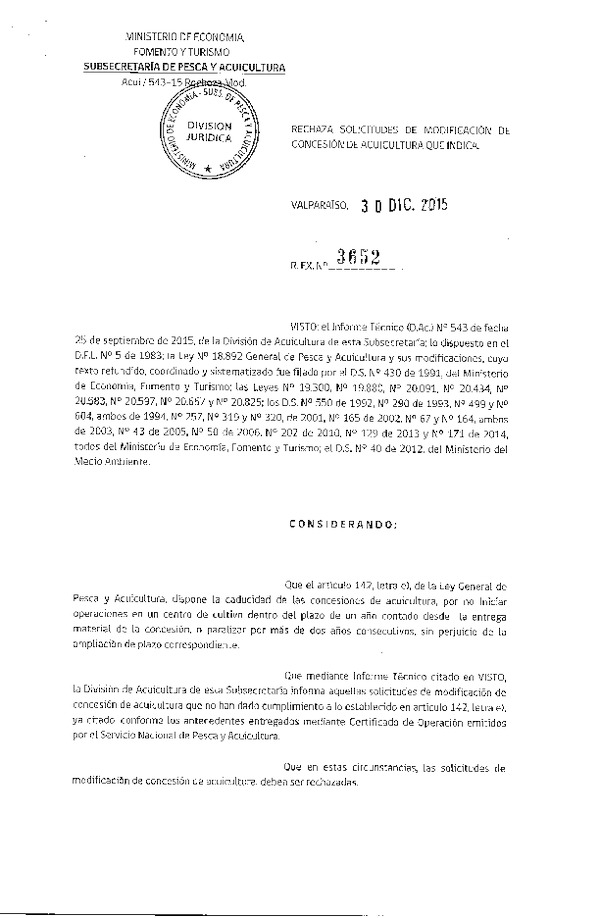 Res. Ex. N° 3652-2015 Rechaza Solicitudes de Modificación de Concesión de Acuicultura.