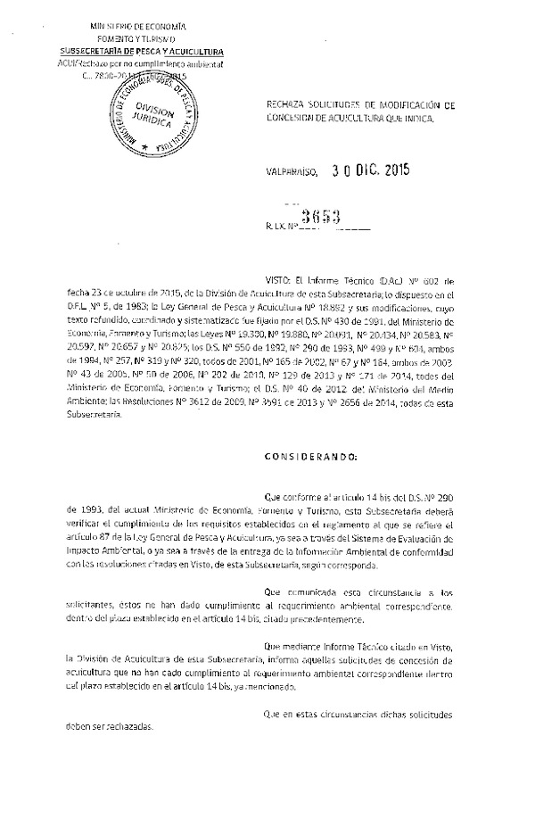 Res. Ex. N° 3653-2015 Rechaza Solicitudes de Concesión de Acuicultura.