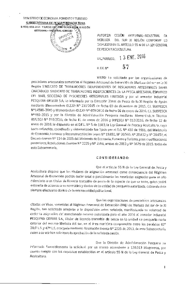 Res. Ex. N° 57-2016 Autoriza cesión Merluza del sur, XI Región.