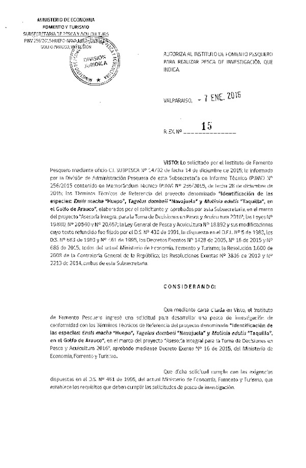 Res. Ex. N° 15-2016 Identificación de las especies Ensis machas Huepo, Tagelus dombeii Navajuela y Mulinia edulis Taquilla en Golfo de Arauco.