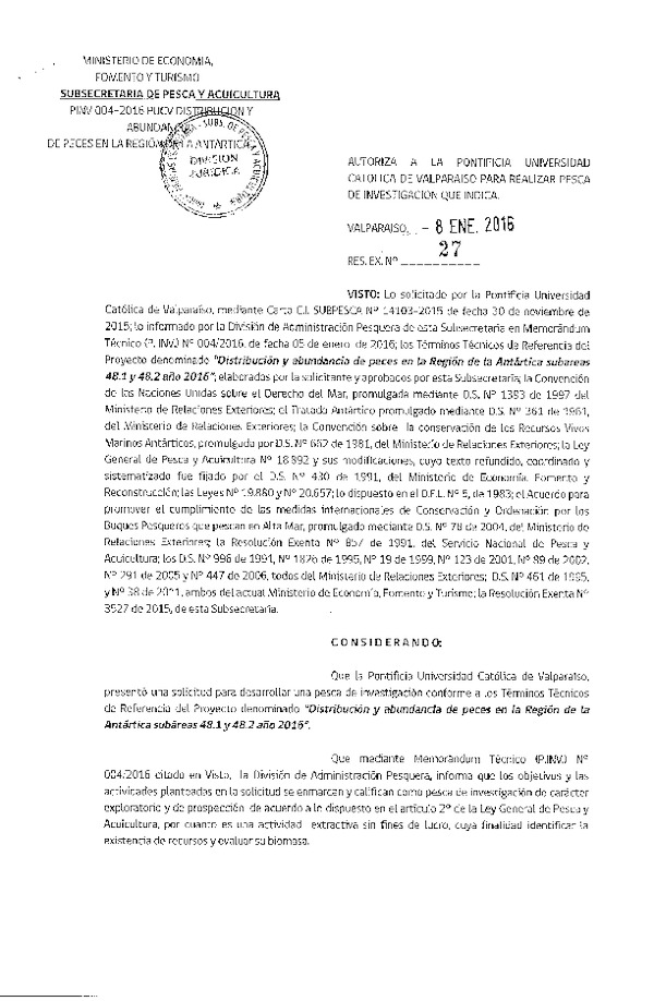 Res. Ex. N° 27-2016 Distribución y Abuandancia de peces en la Región de la Antártica subareas 48.1 y 48.2, año 2016.