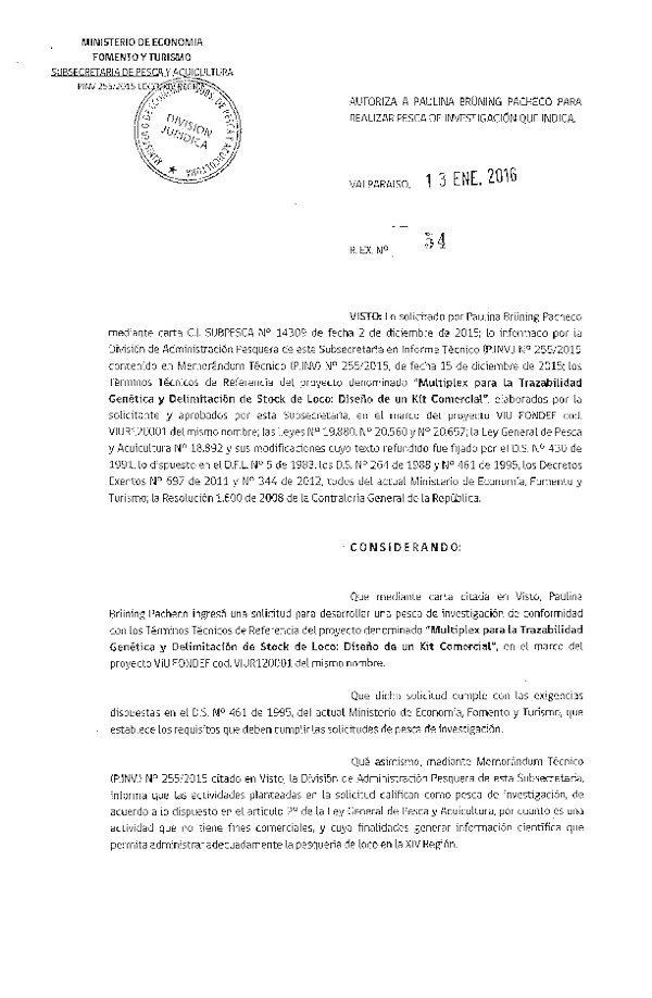 Res. Ex. N° 54-2016 Multiplex para la trazabilidad genética y delimitación de Stock de Loco.