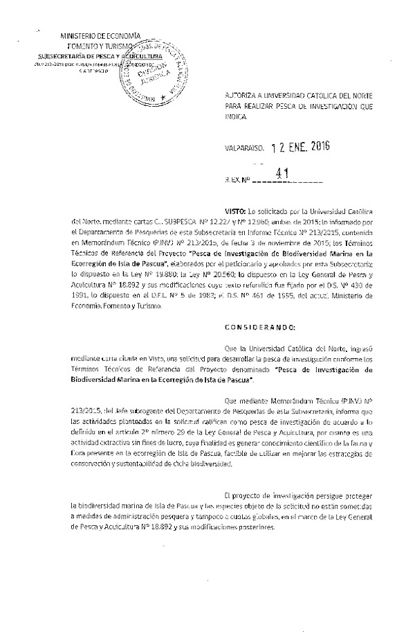 Res. Ex. N° 41-2016 Biodiversidad marina en la ecorregión de Isla de Pascual.