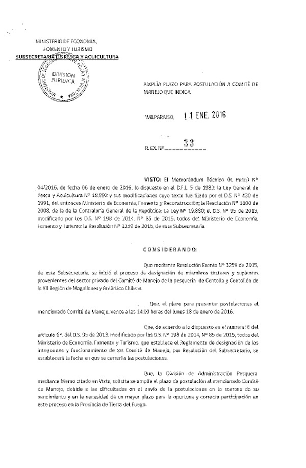 Res. Ex. N° 33-2016 Amplía Plazo para Postulación a Comité de Manejo. (F.D.O. 16-01-2016)