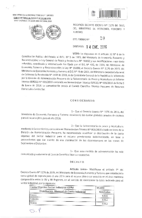 Dec. Ex. N° 20-2016 Modifica Dec. Ex. N° 1176-2015 Establece Cuota Anual de Captura para el Recursos Jibia XV-XII Regiones Año 2016. (F.D.O. 19-01-2016)