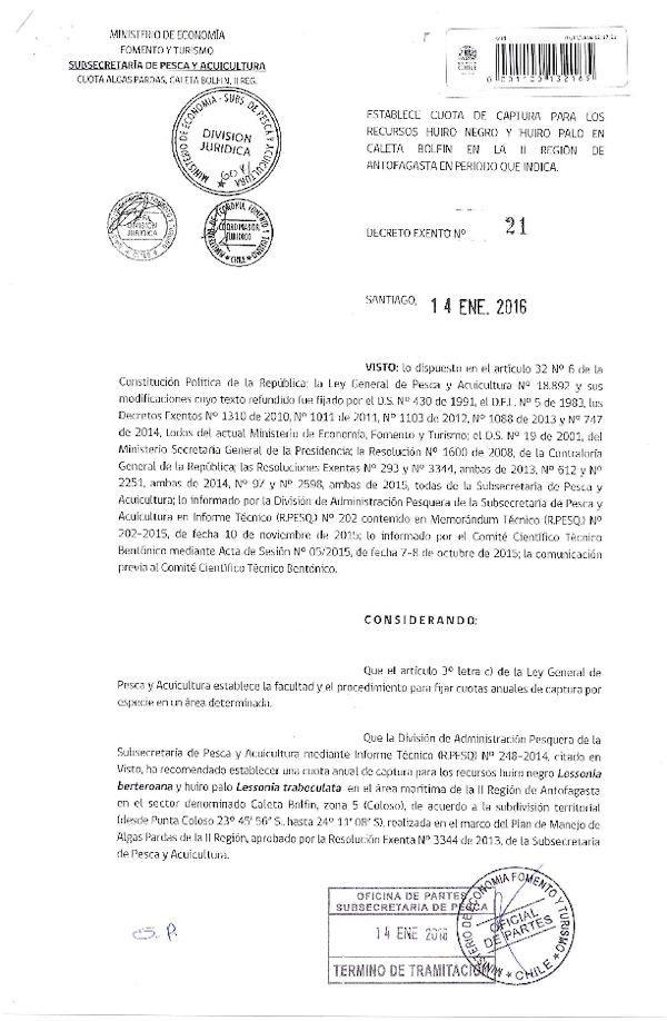 Dec. Ex. N° 21-2016 Establece Cuota de Captura Recursos Huiro negro y Huiro palo en Caleta Bolfin en la II Región. (F.D.O. 19-01-2016)