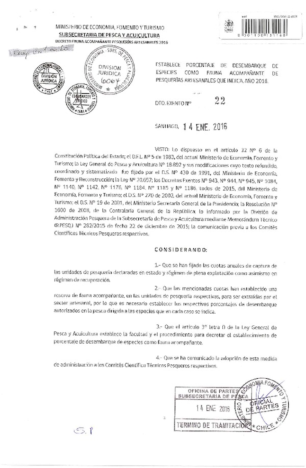 Dec. Ex. Nº 22-2016 Establece Porcentaje de Desembarque de Especies como Fauna Acompañante de Pesquerías Artesanales que Indica, Año 2016. (F.D.O. 19-01-2016)