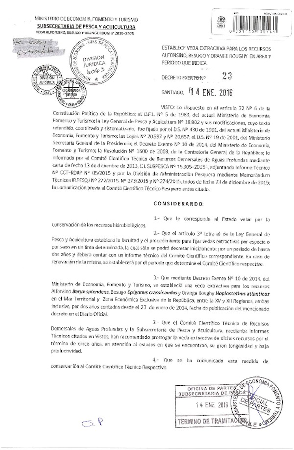 Dec. Ex. N° 23-2016 Establece Veda Extractiva para los Recursos Alfonsino, Besugo y Orange Roughy. (F.D.O. 19-01-2016)