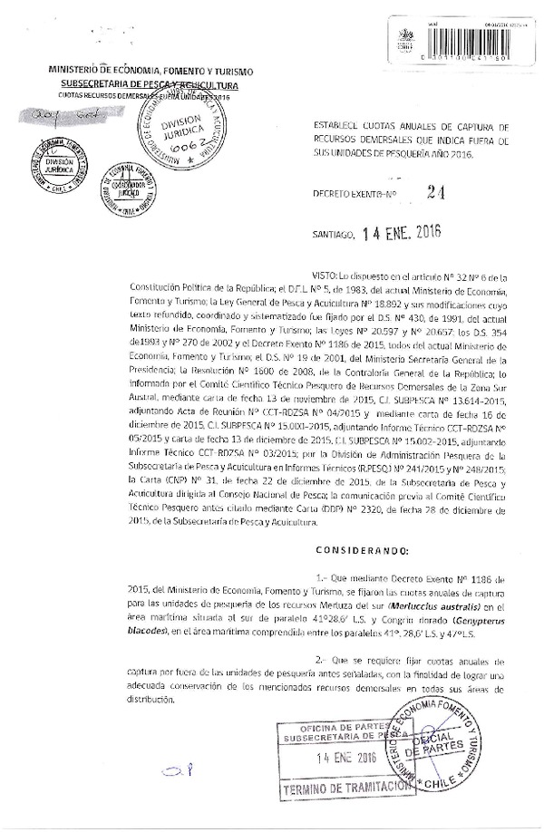 Dec. Ex. N° 24-2016 Establece Cuotas Anuales de Captura de Recursos Demersales, Fuera de sus Unidades de sus Unidades de Pesuqería Año 2016. (F.D.O. 19-01-2016)