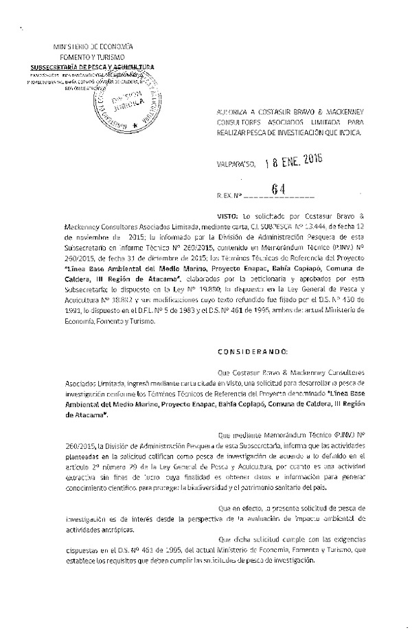 Res. Ex. N° 64-2016 Línea base ambiental, proyecto Enapac, comuna de Caldera III Región.