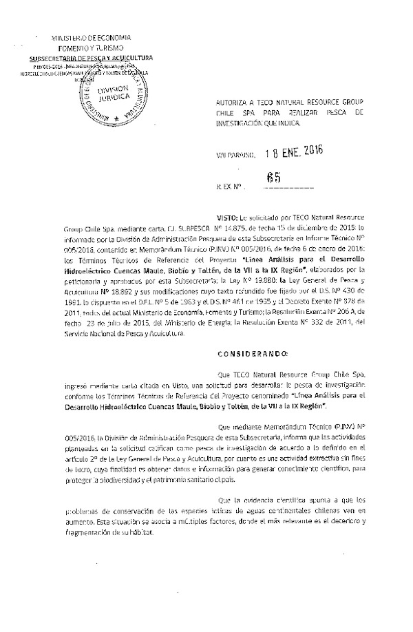 Res. Ex. N° 65-2016 Línea análisis para el desarrollo hidroeléctrico cuencas Maule, Biobío y Totén, de la VII a la IX Región.