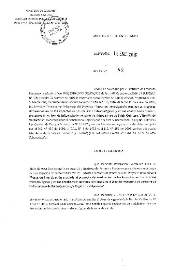 Res. Ex. N° 82-2016 Pesca de investigación asociada al proyecto determinación de impactos, Bahía de Quintero, V Región.