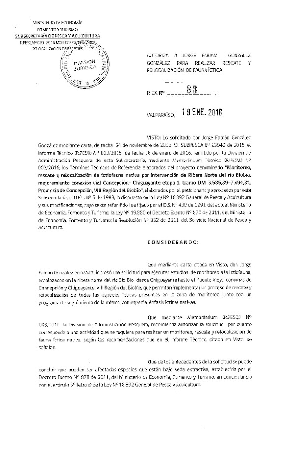 Res. Ex. N° 83-2016 Monitoreo rescate y relocalización de ictofauna nativa por intervención de Ribera Norte del río Biobío, VIII Región.